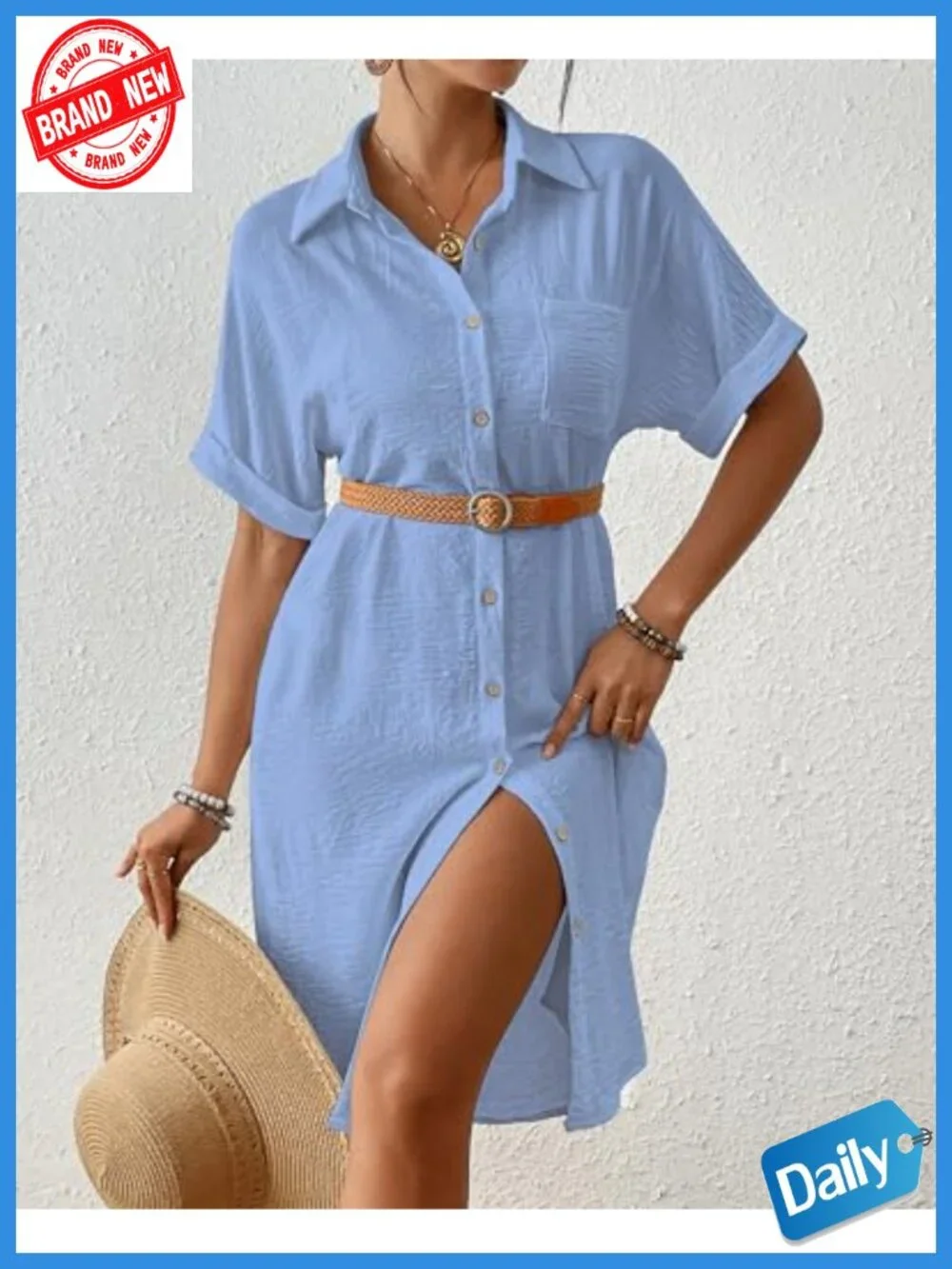 Women's Swim Coverup Button Down Short Sleeve Beach Shirt Dress with Pockets